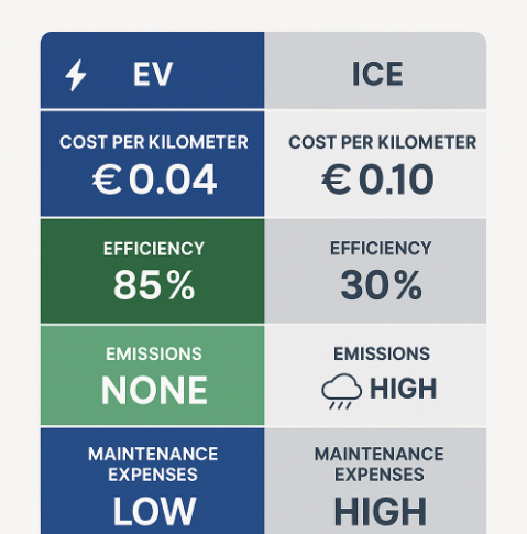 EV vs ICE comparison chart showing cost per kilometer, efficiency, emissions, and maintenance expenses
