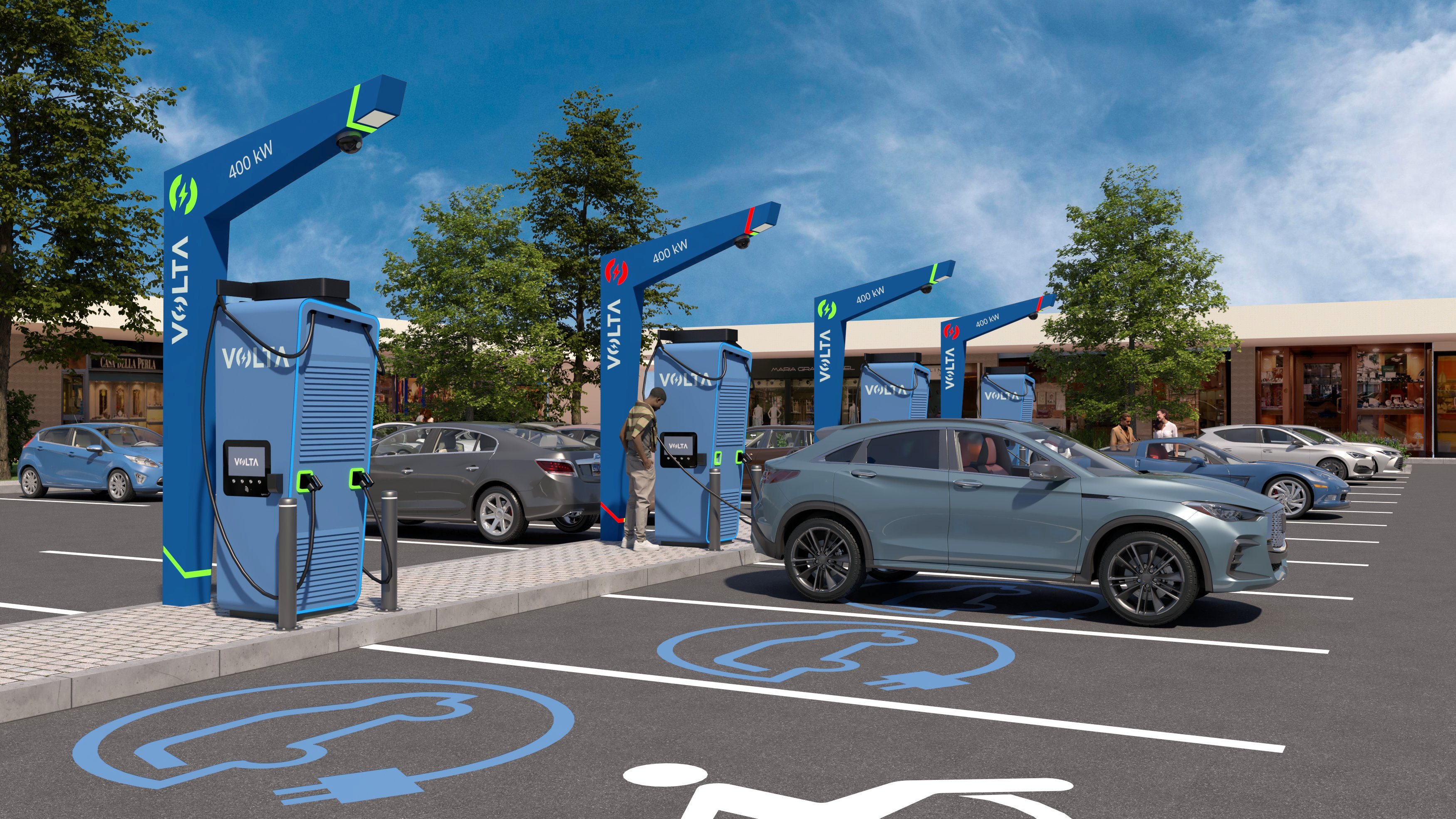 Volta EV charging station hub at retail shopping center with multiple 400kW chargers